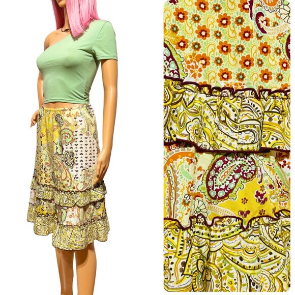 Tiered Ruffle-Hem Midi Skirt Earthy Paisley Floral Pattern - Picture 1 of 14